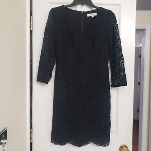 Loft Lace Covered V Neck Fitted Black Dress